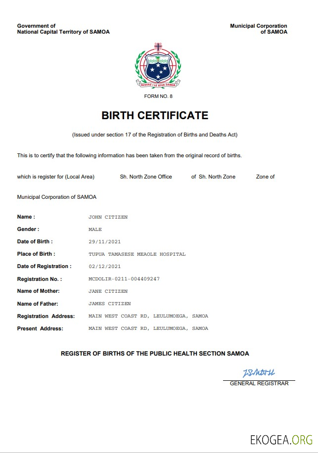 Modèle Word et PDF d'acte de naissance d'acte d'état civil des Samoa